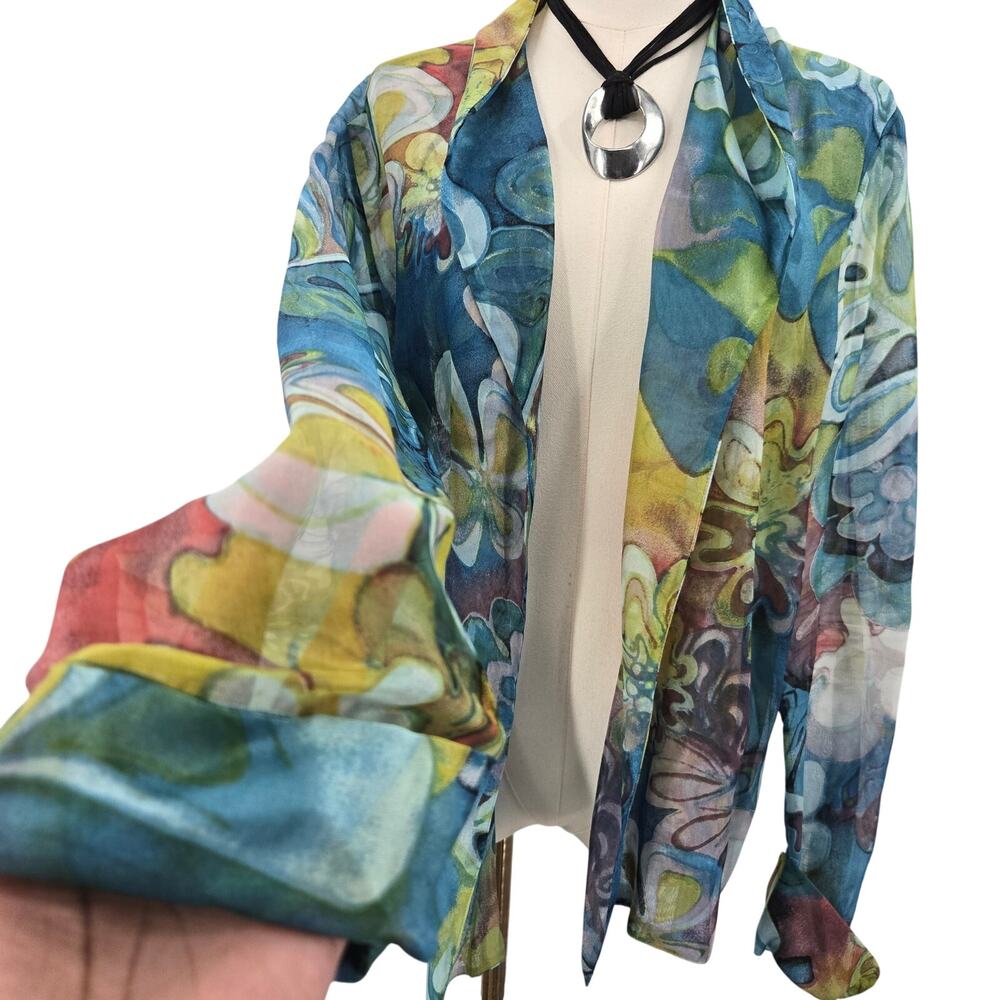 Chicos Womens Dopamine Maximalist Floral Silk Sheer Open Front Topper Jacket L - Picture 3 of 10